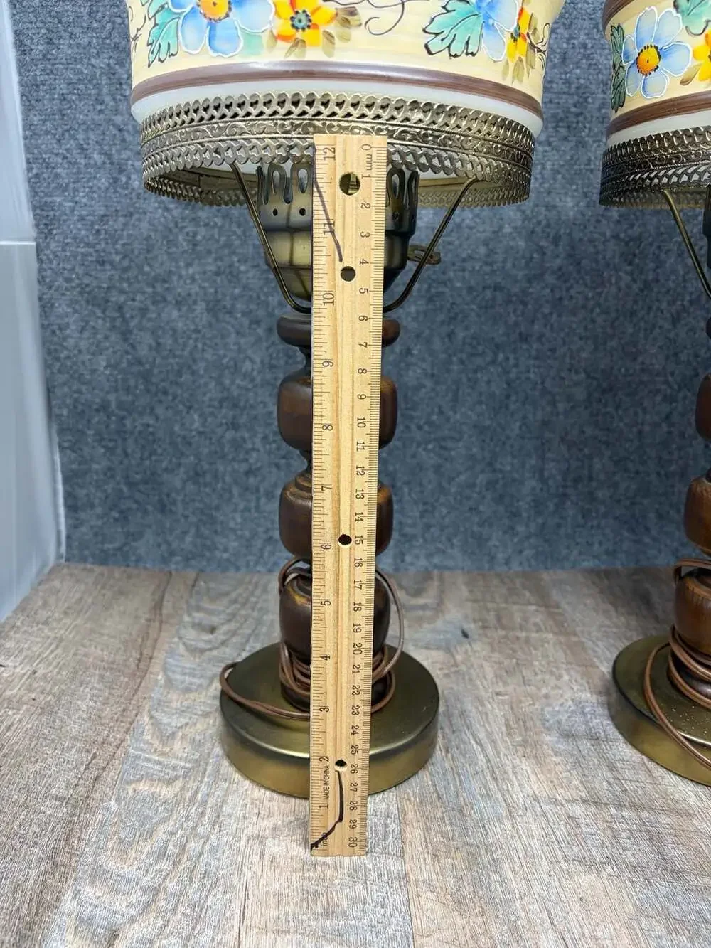 VTG MCM Hand Painted Floral Glass Hurricane GWTW  Table Lamps Turned wood base